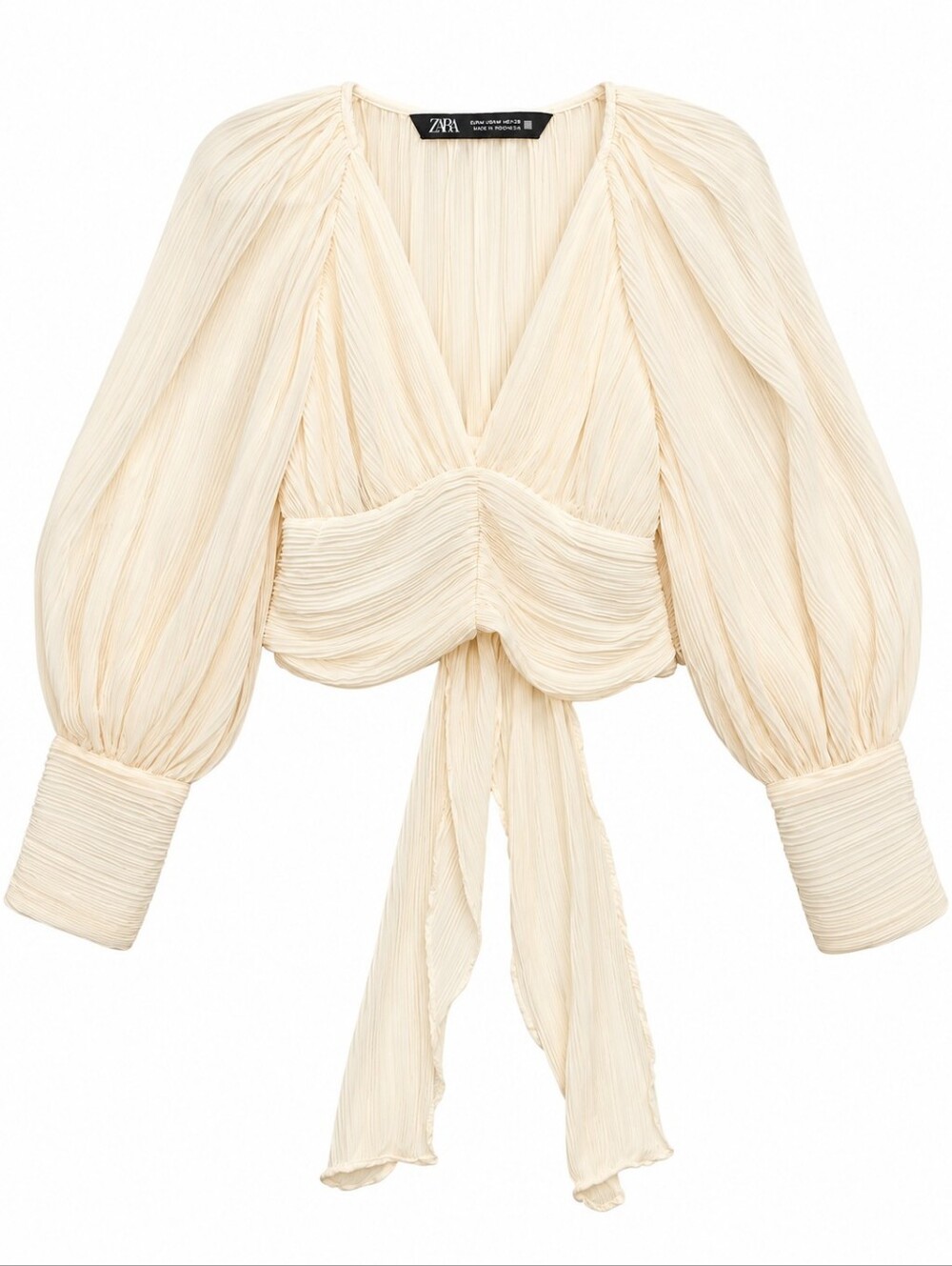 Zara Pleated Cream V-Neck Tie-Front Blouse with Balloon Sleeves